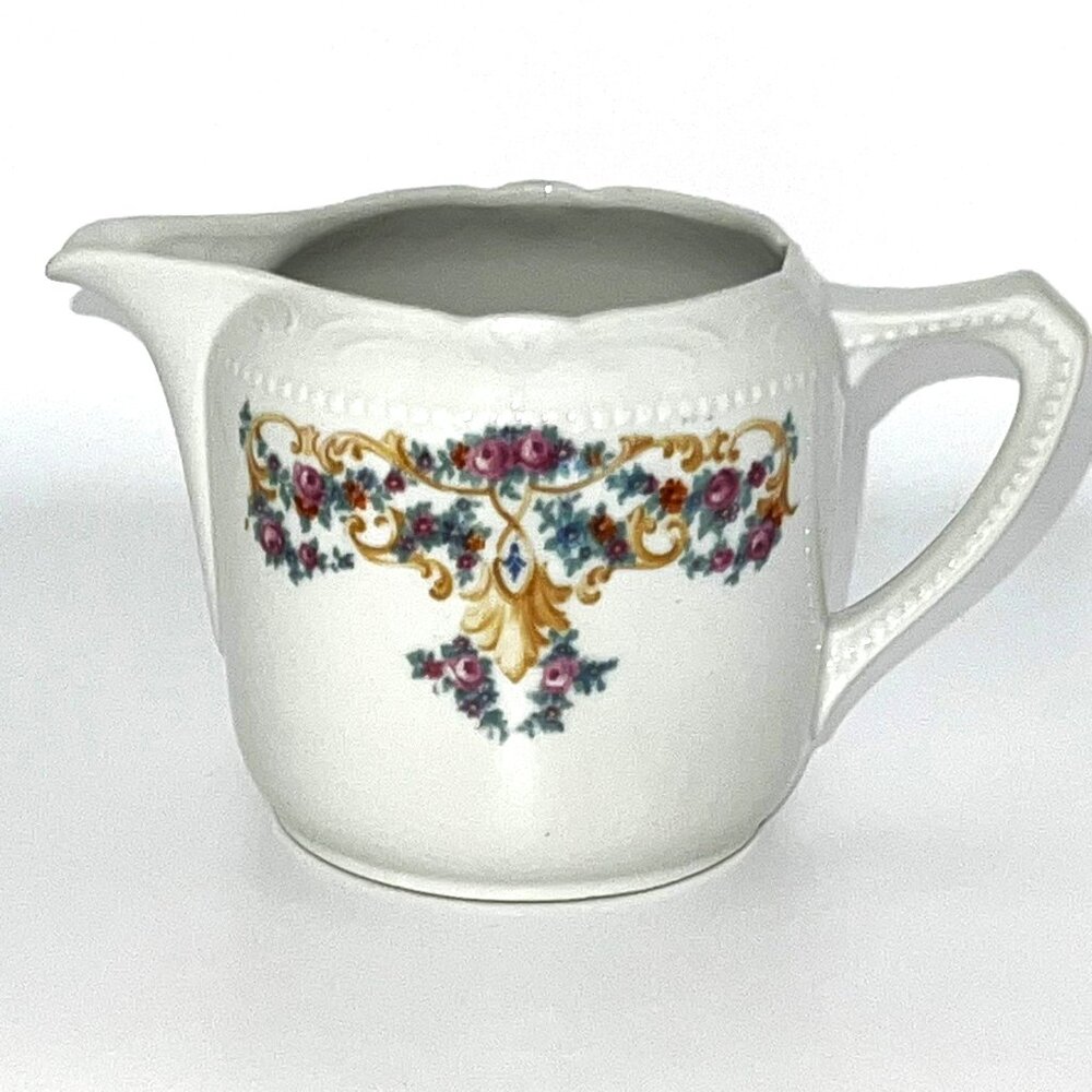 Vintage Porcelain Creamer Lilac Roses Blue Gold MCM Small Pitcher Germany 4"